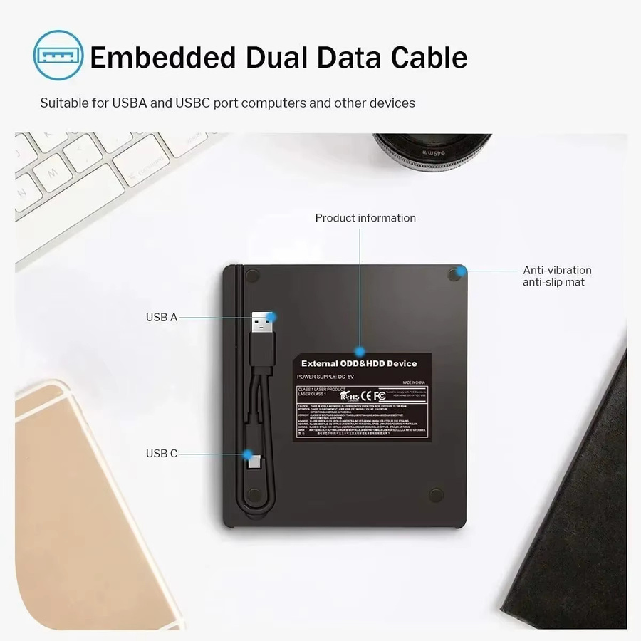 Kebidumei 7-in-1 Externes DVD-Laufwerk mit USB 3.0 und USB-C, CD/DVD-Brenner in Schwarz für Mac, Windows und Linux - Bild 4