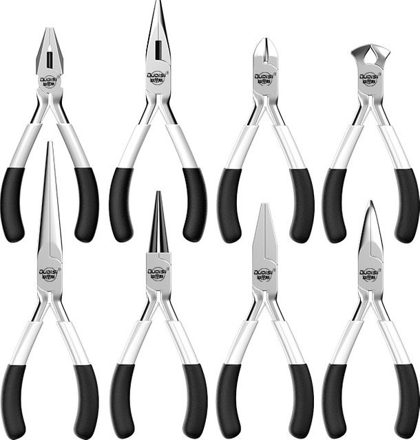 YINLONGDAO 8er Set Mini Schmuckzangen aus Kohlenstoffstahl in Silber, Flachzange und Spitzzange, Länge: 12,7 cm - Bild 1