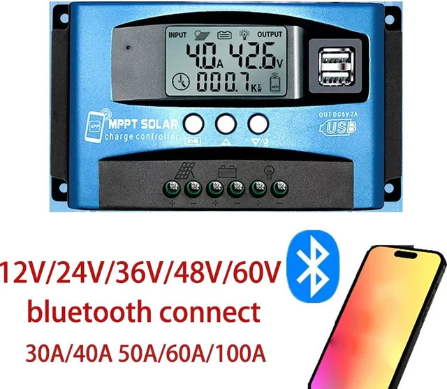 Dreamburgh MPPT Solar Laderegler mit Bluetooth und LCD Display sowie Dual USB für Blei-säure und Lithium Batterien - Bild 1