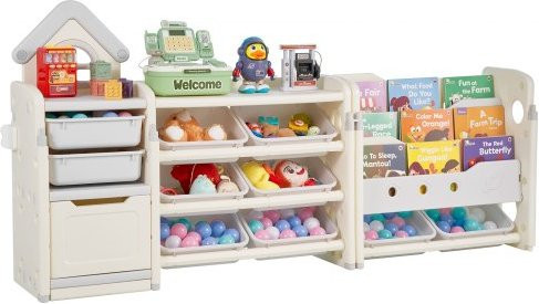 VEVOR Spielzeugaufbewahrung mit Bücherregal, 4-stöckiges Spielzeugregal aus HDPE mit 10 flexiblen Kunststoffbehältern, Grau und Beige, B/T/H: 91,5 x 73,0 x 32,5 cm - Bild 1