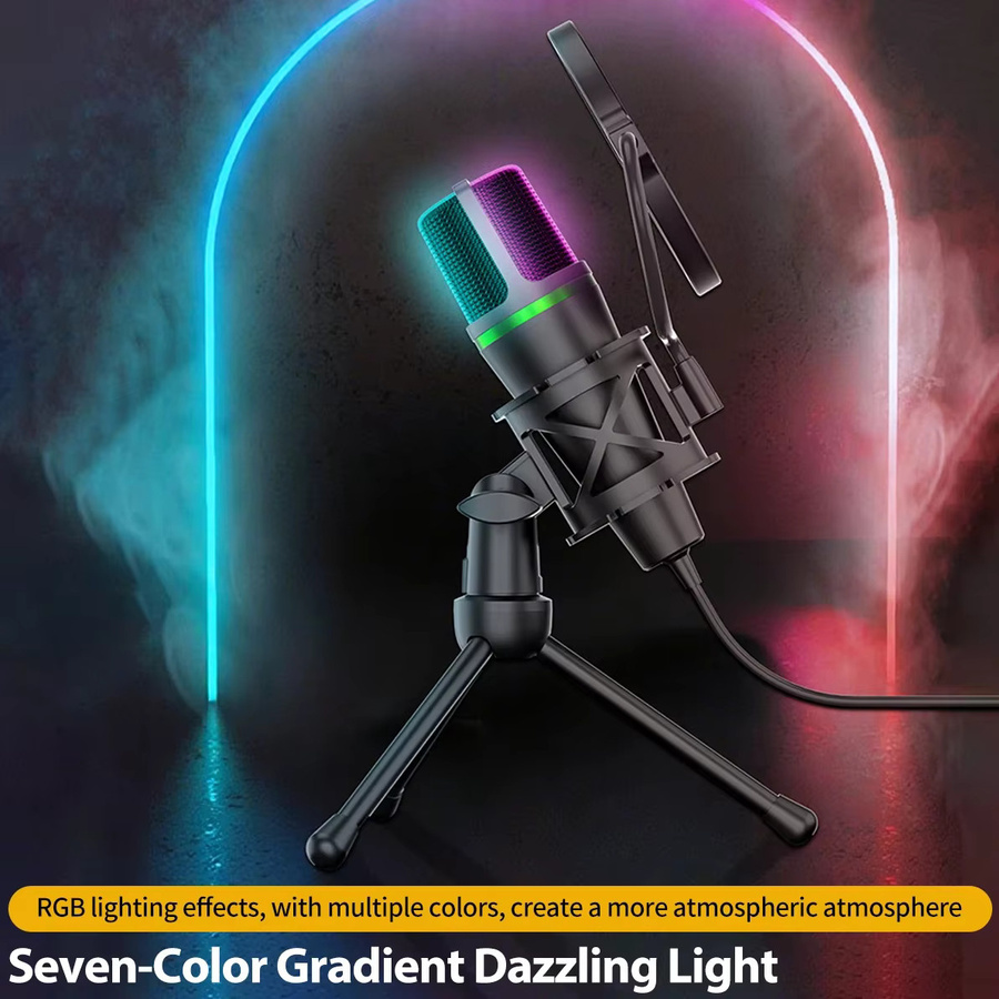 AyeBeau USB Kondensatormikrofon mit RGB-Beleuchtung für PC und Laptop, professionelles Gaming-Zubehör für Streaming, Podcast und Live-Aufnahmen, Schwarz/Multicolor, USB-C Anschluss - Bild 4
