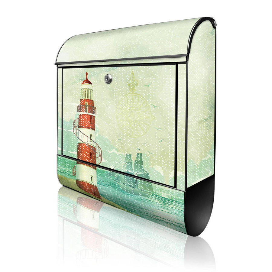 banjado Briefkasten groß Schwarz mit Leuchtturm-Motiv und Zeitungsfach B/H/T: 38 x 47 x 13 cm - Bild 1