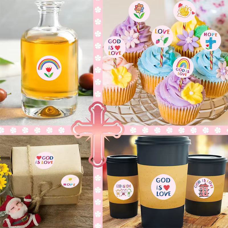200 Stück christliche religiöse Aufkleber mit Jesus Motiven für Ostern, rund, mehrfarbig und rosa, Papier - Bild 2