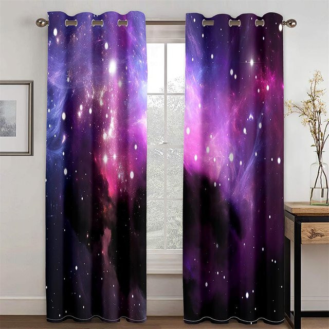 Yiran Furniture Verdunkelungsvorhang Weltraum Design mit Planeten und Sternen, 2er-Set, Blau/Mehrfarbig, Breite: 100 cm, Höhe: 130 cm - Bild 1