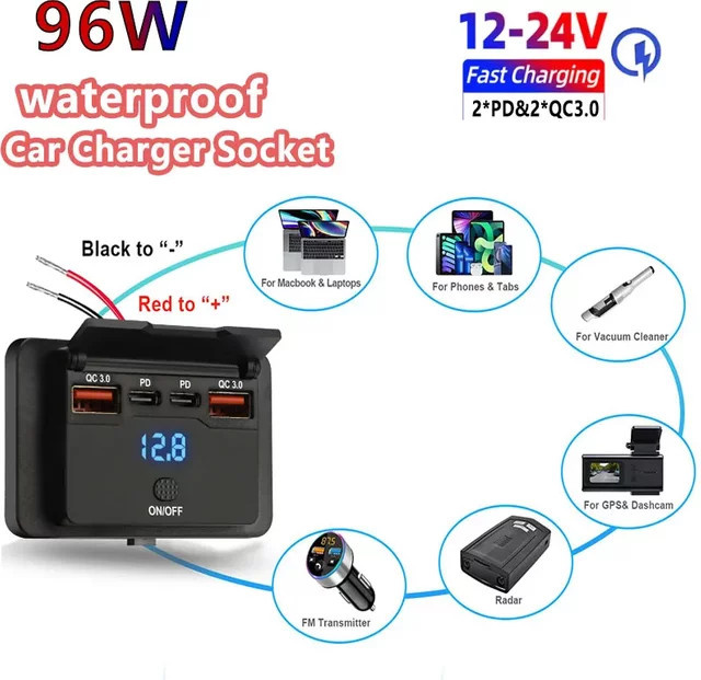 Kebidumei Dual USB-C Schnellladegerät QC3.0 PD Auto Ladegerät Panel Adapter mit Ein/Aus Schalter für 12V/24V Lkw Camper Caravan in Schwarz - Bild 1