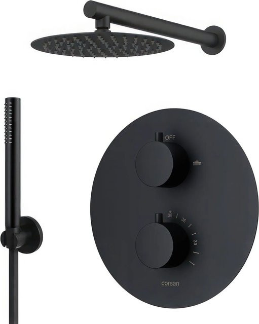 KOLMAN Duschsystem Unterputz mit Thermostatarmatur, Kopfbrause und Handbrause in Mattschwarz - Bild 1