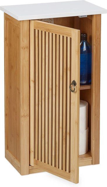 Hängender Badezimmerschrank von Relaxdays aus Bambus und MDF in Natur und Weiß mit Lamellen-Design, B/T/H: 60 x 34,5 x 21 cm - Bild 1
