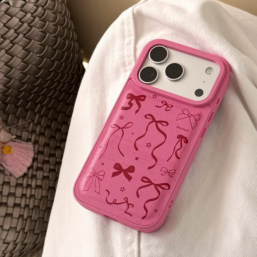 Potdemiel iPhone Schutzhülle mit roter Schleife und Ledertextur in Rot und Pink, stoßfeste Koreanische Vollbild-Handyhülle für iPhone 13 14 15 16 17 Pro Max - Bild 5