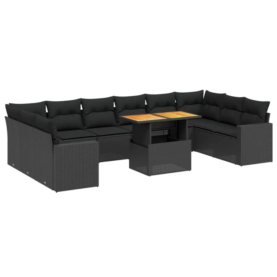 vidaXL 11-teilige Garten-Sofagarnitur in L-Form aus Polyrattan und Akazienholz mit Kissen, Schwarz - Bild 2