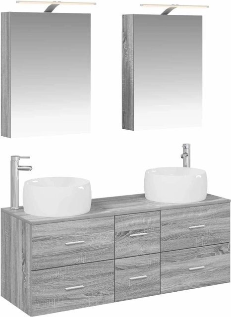 vidaXL Badezimmermöbel-Set in Grau mit Waschtischunterschrank und Spiegelschrank aus Holz und Glas - Bild 1