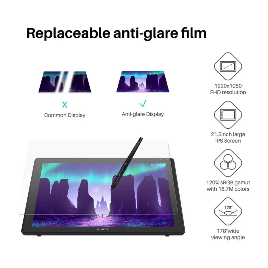 Huion Kamvas 22 Grafikstift-Tablet-Monitor in Schwarz mit 21,5 Zoll blendfreiem Bildschirm und 120 % sRGB für Windows, Mac und Android - Bild 1