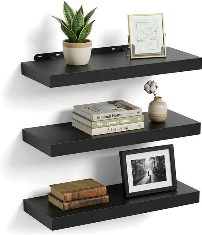 Relaxdays Wandregal 3er Set in Schwarz aus Holzwerkstoff und Metall, minimalistisches Design für die Wandmontage, H x B x T: 23 x 50 x 4 cm - Bild 1