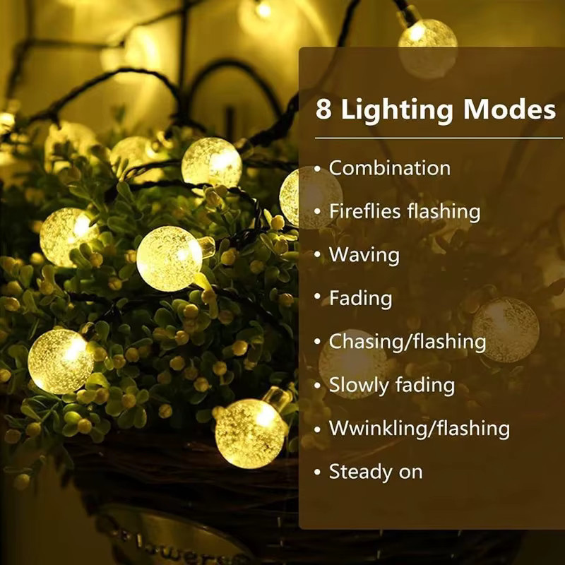 Solar LED Lichterkette mit 60 Crystal Globe Kugeln in Warmweiß, IP65 wasserdicht, 6 Leuchtmodi, transparente Sphären für Garten und Party-Dekoration - Bild 2