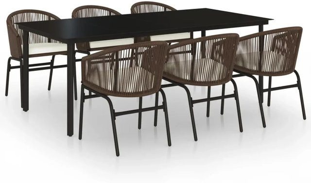 vidaXL 7-teilige Garten-Essgruppe in Braun mit Tisch aus gehärtetem Glas und PVC-Rattan sowie pulverbeschichtetem Stahl - Bild 1