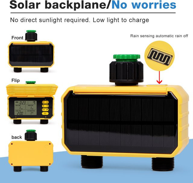 JUANJUAN WIFI Smart Garten Wasser Timer mit Solar-Ladefunktion und Regensensor, Automatischer Sprinkler Controller für Tropfbewässerung in Gelb - Bild 1