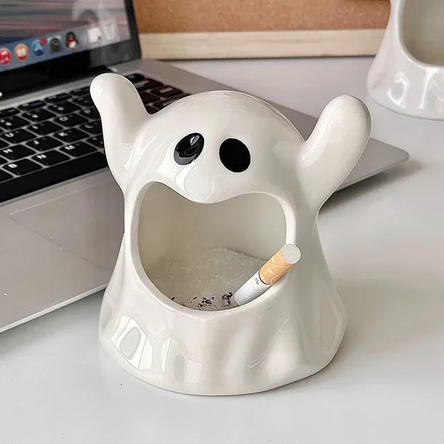 KeYi Keramik-Aschenbecher in Form eines süßen Geistes, Halloween-Dekoration für Wohnzimmer und Büro, Weiß, B/T/H: 11,0 x 10,0 x 10,0 cm - Bild 1
