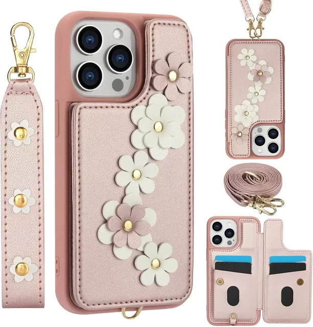Apple Handyhülle mit Geldbörse und Kartenhalter im Blumen-Design für iPhone 16 15 14 Pro Max Plus als Umhängetasche mit magnetischem Ständer in Schwarz oder Pink - Bild 1