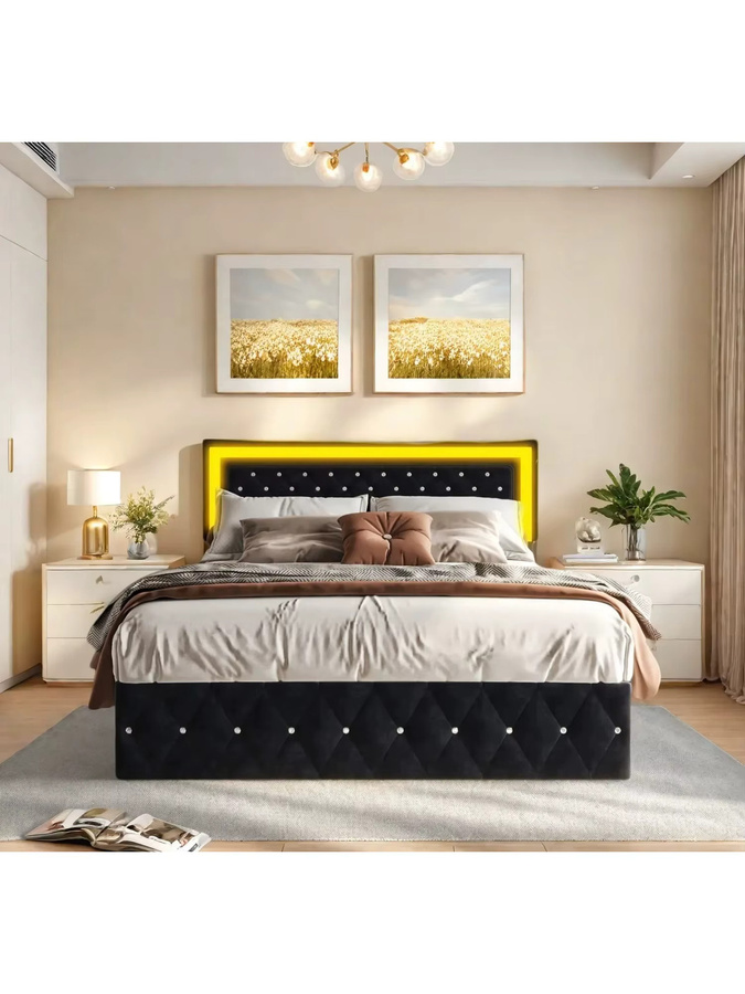 Rosahqnda Doppelbettgestell aus Samt mit LED-Beleuchtung, verstellbarem Kopfteil und hydraulischem Stauraum, B/T/H: 140 x 200 cm, Schwarz - Bild 7