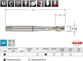 RUKO Maschinengewindebohrer M DIN 371 HSS M 4 in Silber aus Edelstahl mit einer Gewindelänge von 6 mm - Bild 1