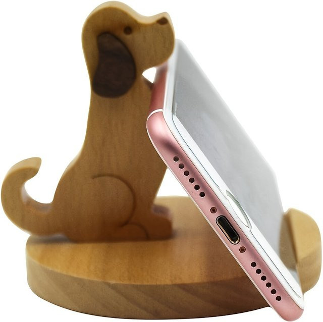 DUTRIEUX Handyhalter aus Massivholz in Braun mit Cartoon Welpen Design für deinen Schreibtisch - Bild 1
