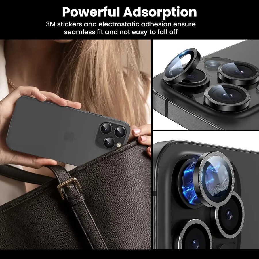 Set aus 2-3 Metall-Kameraobjektiv-Schutzabdeckungen aus gehärtetem Glas für Apple iPhone 15, 15 Plus, 16 Pro Max und 16 Plus in Schwarz und Blau - Bild 2