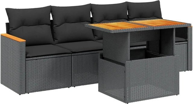 vidaXL 5-teilige Garten-Sofagarnitur mit Kissen aus Poly-Rattan und Akazienholz in Schwarz - Bild 1