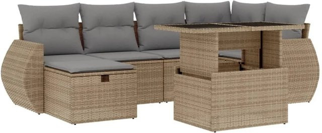vidaXL 7-tlg Garten-Sofagarnitur in L-Form aus Poly Rattan mit Kissen in Beige - Bild 1