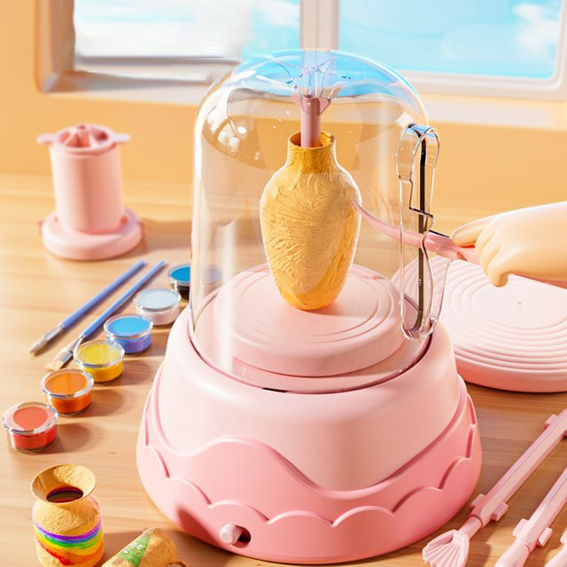 Stookits DIY Kinder Töpferscheibe Set mit Ton in Rosa/Pink für kreatives Lernen und Handwerk - Bild 1