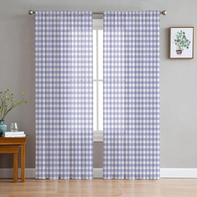 Gelbe karierte transparente Voile-Fenstervorhänge von A Family Of Home Textiles für Schlafzimmer, Wohnzimmer oder Kinderzimmer, B: 135 cm, H: 244 cm - Bild 1