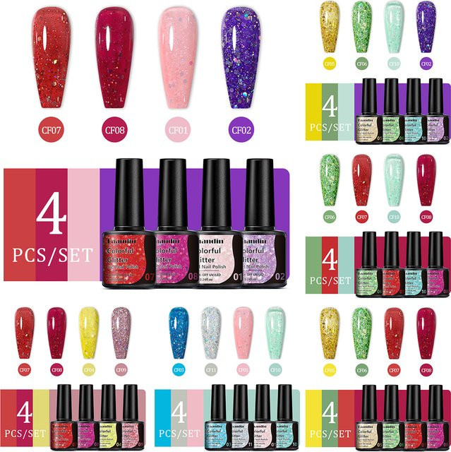 Faandin Glitzer-Gel-Nagellack-Set, Rosa, 4 x 7 ml, Schimmernd - Bild 1