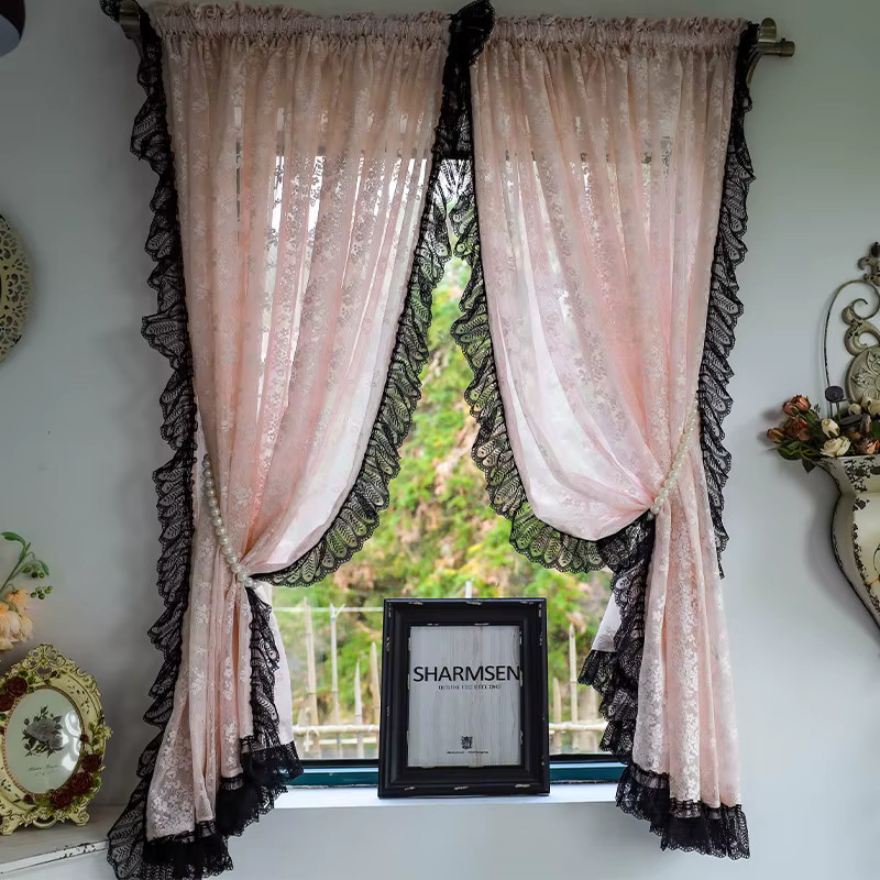 AiFish Jacquard-Vorhang mit floralem Spitzenmuster in Schwarz und Rosa, transparent, Shabby Chic Design - Bild 2