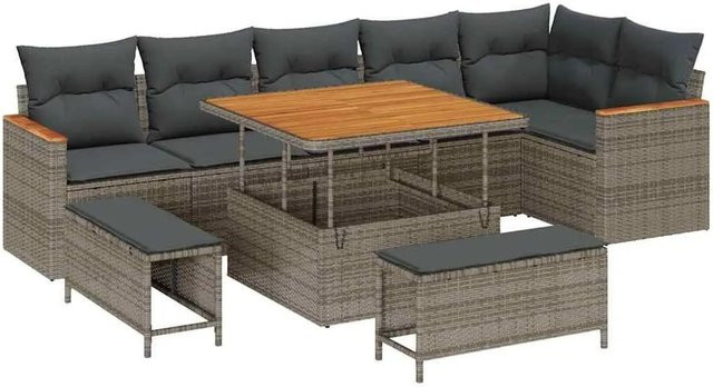 vidaXL Gartensofa-Set L-Form in Grau mit 9 Kissen aus Poly-Rattan und wetterfesten Polstern - Bild 1