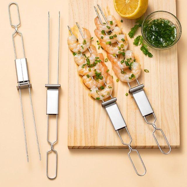 Halbautomatische Doppel-Kopf Grillgabel aus Edelstahl in Silber für BBQ, Camping und Picknick - Bild 1