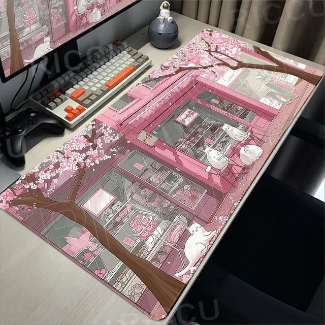 Riccu Gaming-Mauspad mit Kirschblüten und Katze, XL Schreibtischmatte in Pink - Bild 1