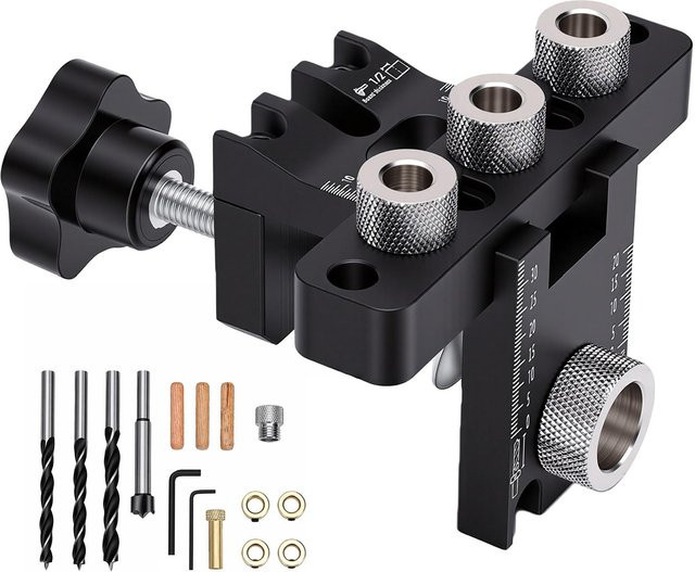 GoolRC 3-in-1 Dübelbohrschablonen-Set aus Aluminium in Schwarz mit 3 Bohrerbits zur Selbstzentrierung für die Holzbearbeitung - Bild 1