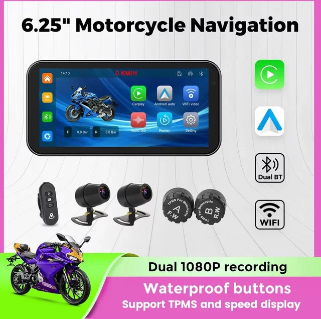 NAVIFANS Tragbares Motorrad Navigationssystem mit 6,25 Zoll Touchscreen, Android Auto und CarPlay, IP67 Wasserdicht, Schwarz - Bild 1