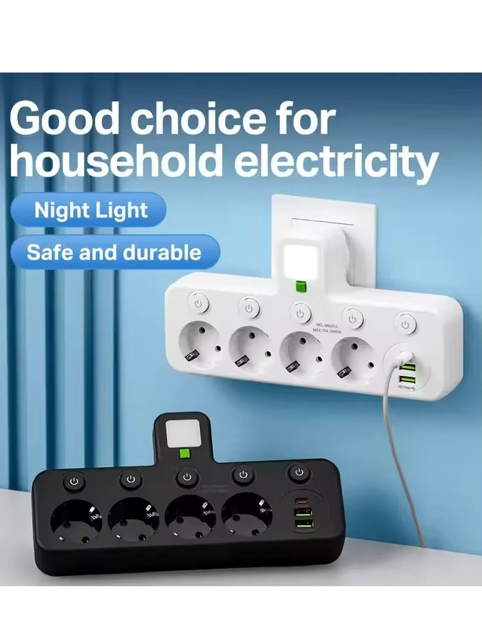 Szaoju Steckdosenleiste mit 4 AC-Steckdosen, 2 USB-Anschlüssen und 1 USB-C-Anschluss in Schwarz mit unabhängigen Schaltern und Nachtlicht - Bild 4