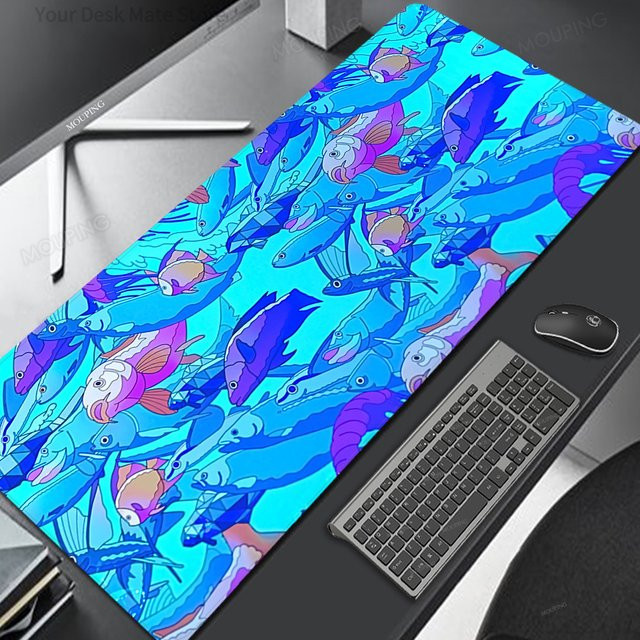 Potdemiel Gaming-Mauspad mit blau-lila Ozeanfisch-Schwarm als große erweiterte Schreibtischunterlage mit rutschfester Basis - Bild 1