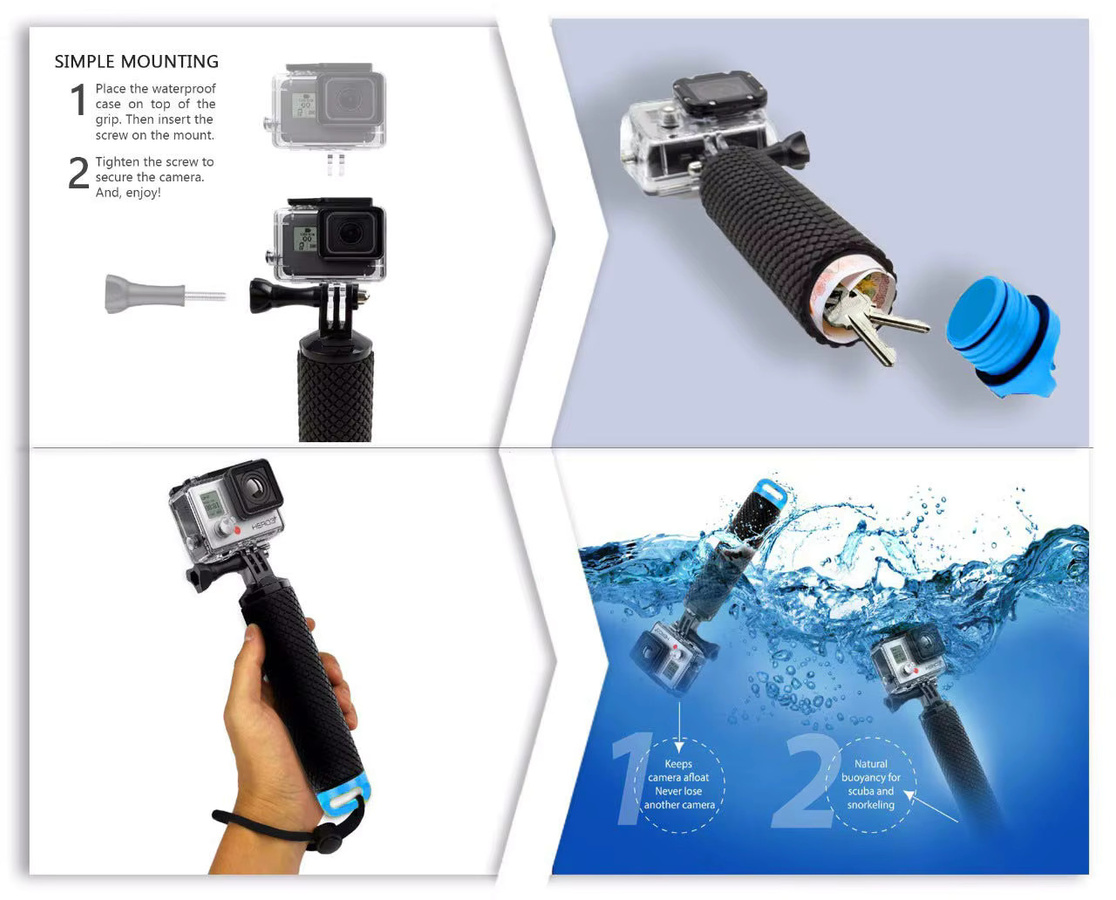 Wasserdichter schwimmender Handgriff in Schwarz für GoPro Hero 7, 6, 5, 4, 3+ und Sjcam Yi Lite, rutschfestes Floaty Bobber Set für Action-Kameras - Bild 6