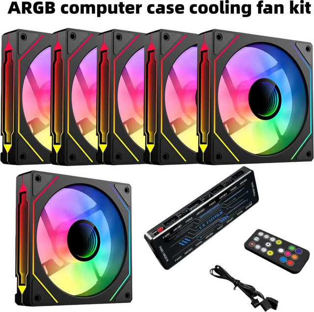 CX FUTRUE 6-teiliges ARGB Gehäuselüfter-Set mit Controller und Fernbedienung, PWM-Temperaturregelung, Computer-Kühllüfter in Schwarz und Weiß - Bild 1