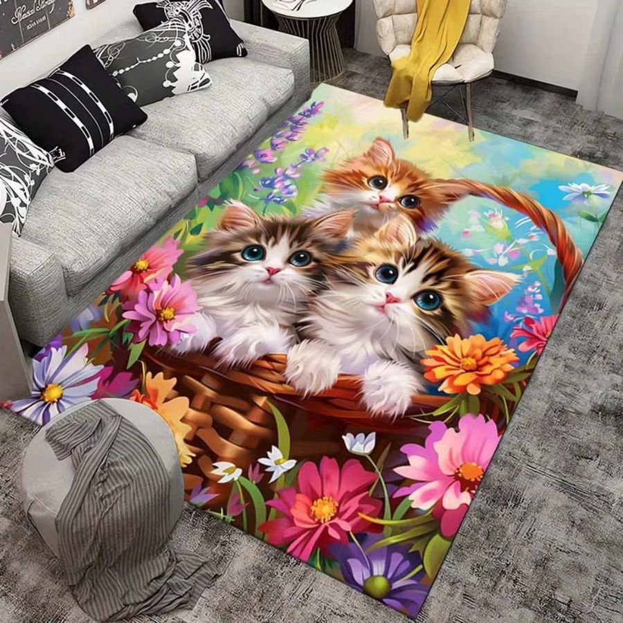 VIKAMA Druckteppich mit floralem Katzenmuster in Multicolor, rutschfeste dekorative Bodenmatte für Wohnzimmer, Schlafzimmer und Kinderspielbereiche - Bild 3