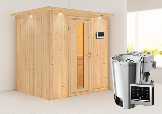 Karibu Sauna Finja Bio-Kombisauna mit externer Steuerung und LED-Dachkranz in Natur - Bild 1