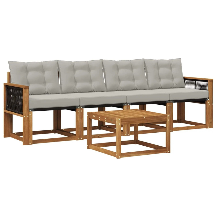 vidaXL Outdoor-Sofagarnitur aus Akazienholz mit Textilene und Kissen in Beige und Grau - Bild 2