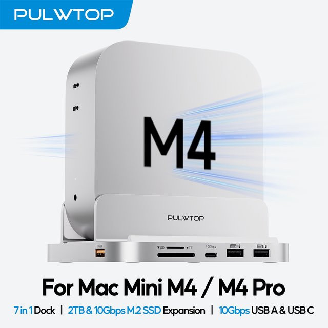 PLWTOP Docking Station für Mac Mini M4 und M4 Pro in Silber mit 4TB SSD-Gehäuse, USB-A/C 3.2 10 Gbps, USB-A 2.0, SD/TF und Audio-Anschluss - Bild 1