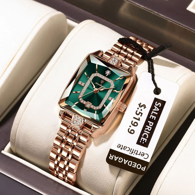 POEDAGAR Armbanduhr Quarz, Edelstahl, Roségold, Grün, Damen - Bild 1