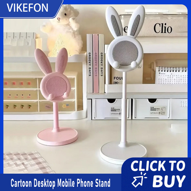 VIKEFON Tragbarer Cartoon-Hase Desktop-Handyhalter in Pink, höhenverstellbar für iPhone, Samsung, Kindle, iPad und Switch - Bild 1