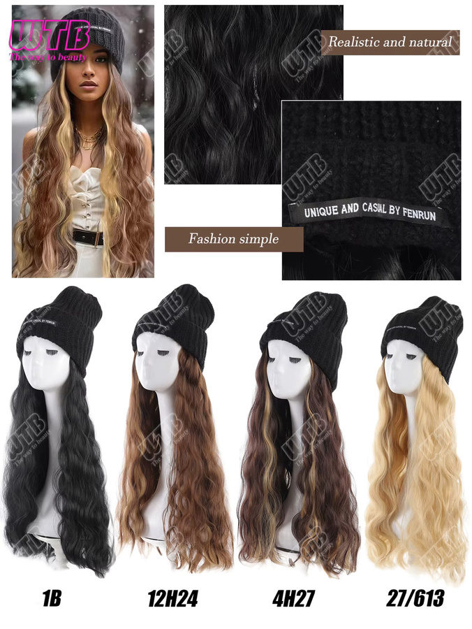 WTB Synthetische Perücke, schwarze Strickmütze mit langen lockigen Haarverlängerungen - Bild 6