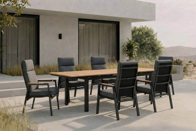 OUTFLEXX Garten-Essgruppe aus Aluminium und Teakholz in Anthrazit mit Ausziehtisch und 6 Sesseln, Tisch B: 183 cm bis 243 cm, B: 100 cm - Bild 1