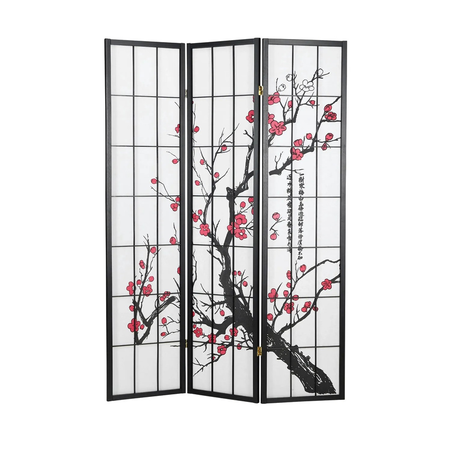 Homestyle4u 3-tlg. Shoji Paravent aus Holz und Reispapier mit Kirschblütenmotiv in Schwarz, B/H: 132 x 175 cm - Bild 2