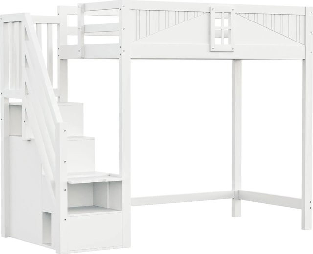 Merax Hochbett für Kinder aus Massivholz und MDF in Weiß mit Leiter und Fenster, B/T/H: 90 x 200 x 170 cm - Bild 1